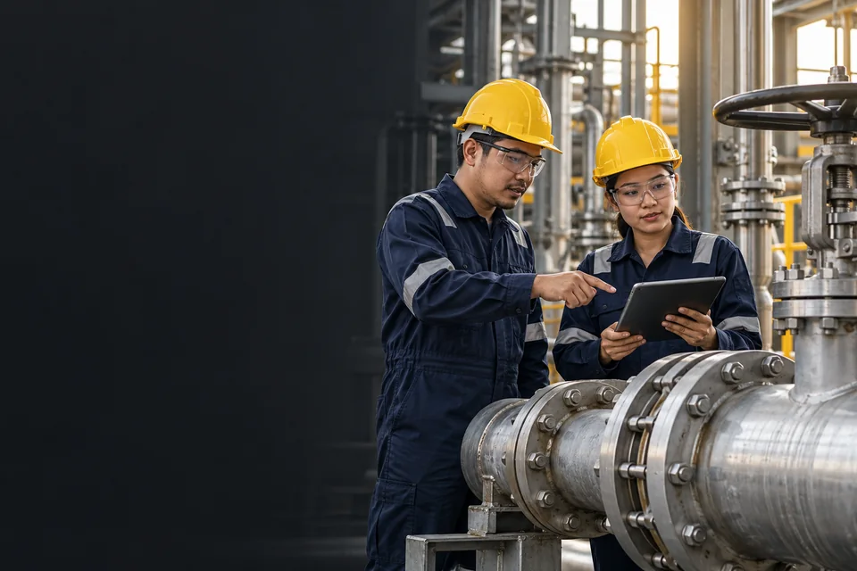 Konsep AI: dua model engineer Indonesia berdiskusi di dekat jaringan pipa industri