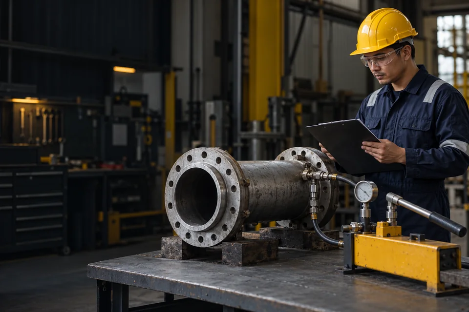 Konsep AI: teknisi Indonesia meninjau dokumen dan spool pipa di workshop