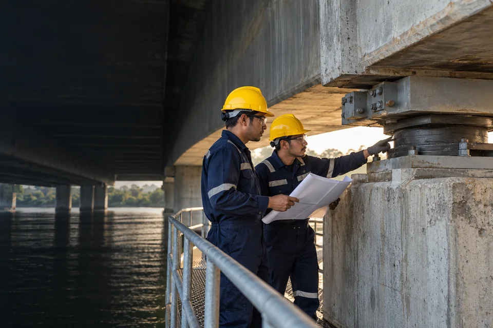 Konsep AI: dua teknisi Indonesia meninjau area bearing jembatan