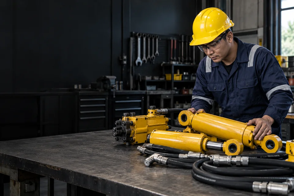 Konsep AI: teknisi Indonesia memeriksa komponen hydraulic jack di meja workshop